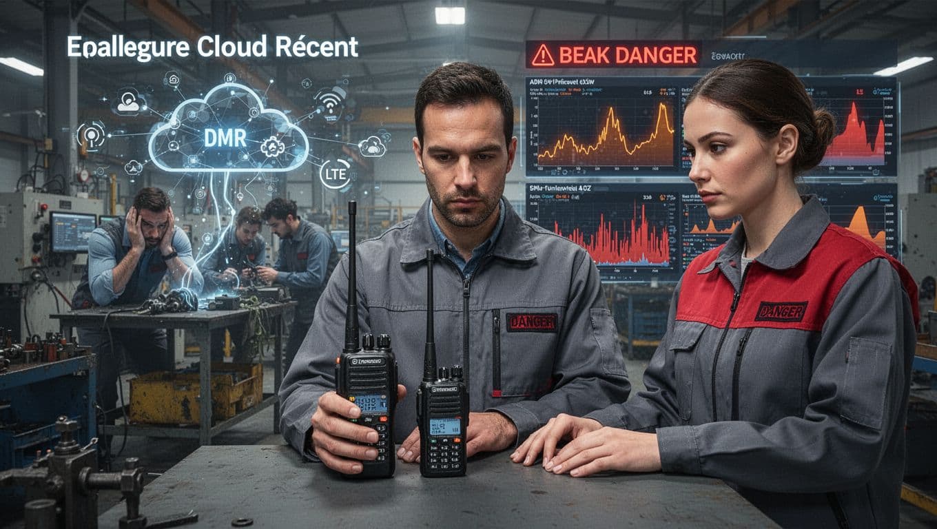 Realistic modern editorial illustration in landscape format depicting a factory technician calmly handling a proven stable DMR radio with reliable connections, contrasted against a background of frustrated operators dealing with a recent LTE cloud network outage and alerting monitoring graphs.