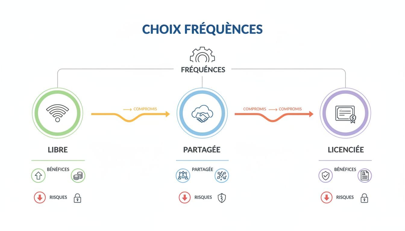 Diagramme de choix entre fréquences libres, partagées et licenciées