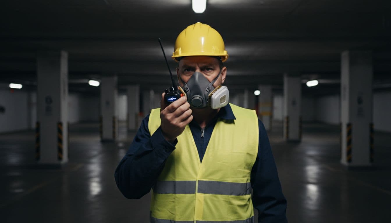 Ouvrier BTP qui tente de communiquer par radio en parking souterrain