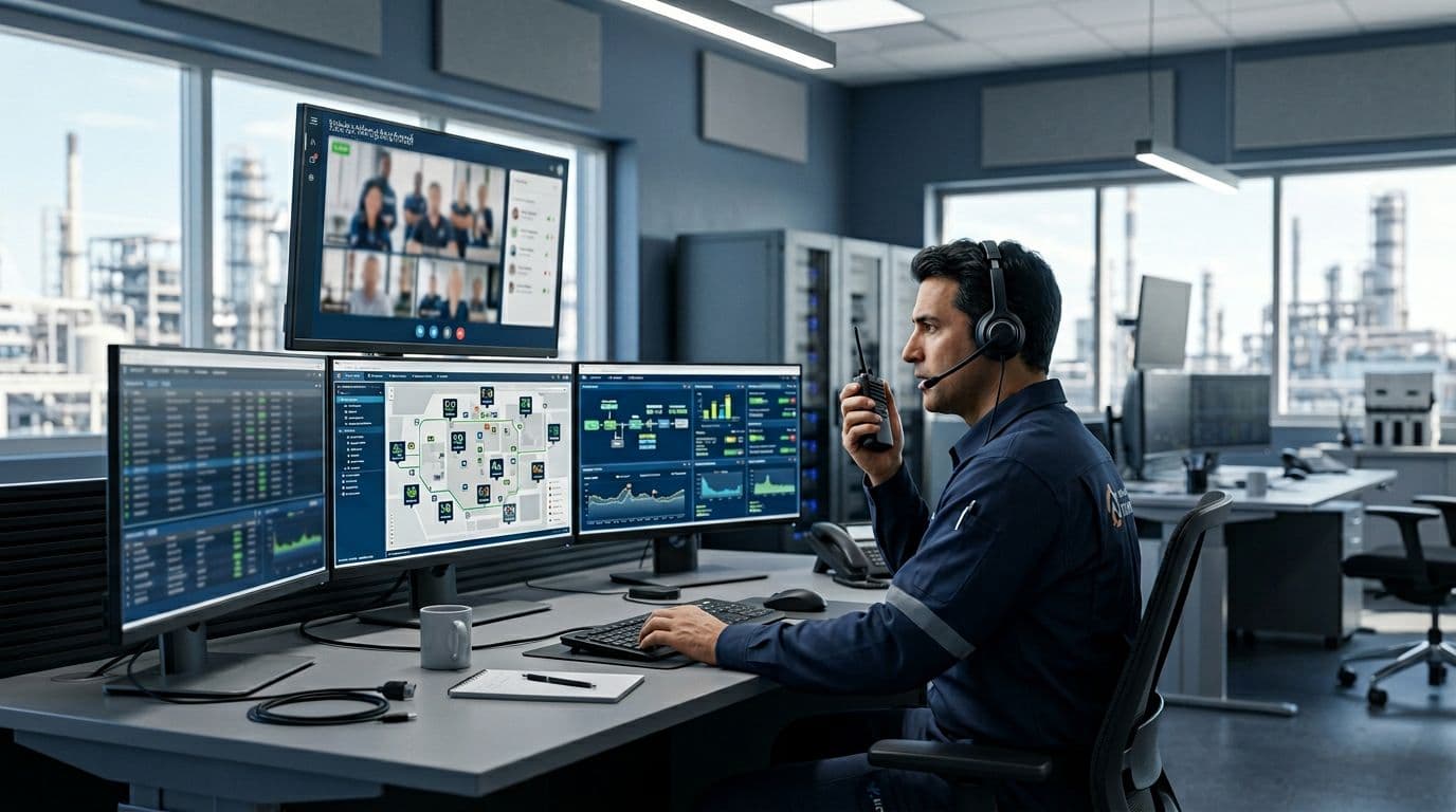 A realistic 3D corporate infographic depicts an industrial control room where a single operator with a radio headset stands before consoles, screens showing blurred site maps and team statuses, and an HSE team on video, in professional blue-gray tones.