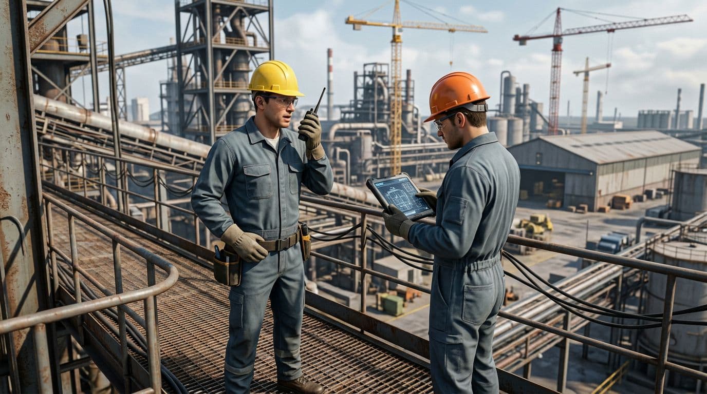 Realistic 3D illustration of two workers on an industrial site: one in PPE speaking into a handheld radio, the other consulting a tablet, against a background of extensive factory with cranes and warehouses in blue-gray tones under natural daylight.