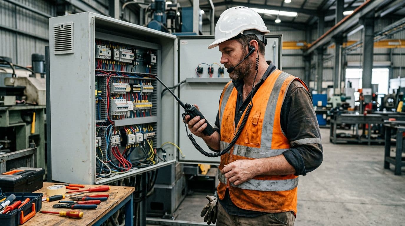 Realistic close-up photo of a maintenance technician in high-visibility vest holding a professional portable radio with detached earpiece/microphone, in front of an open electrical cabinet in a brightly lit industrial workshop with tools nearby.