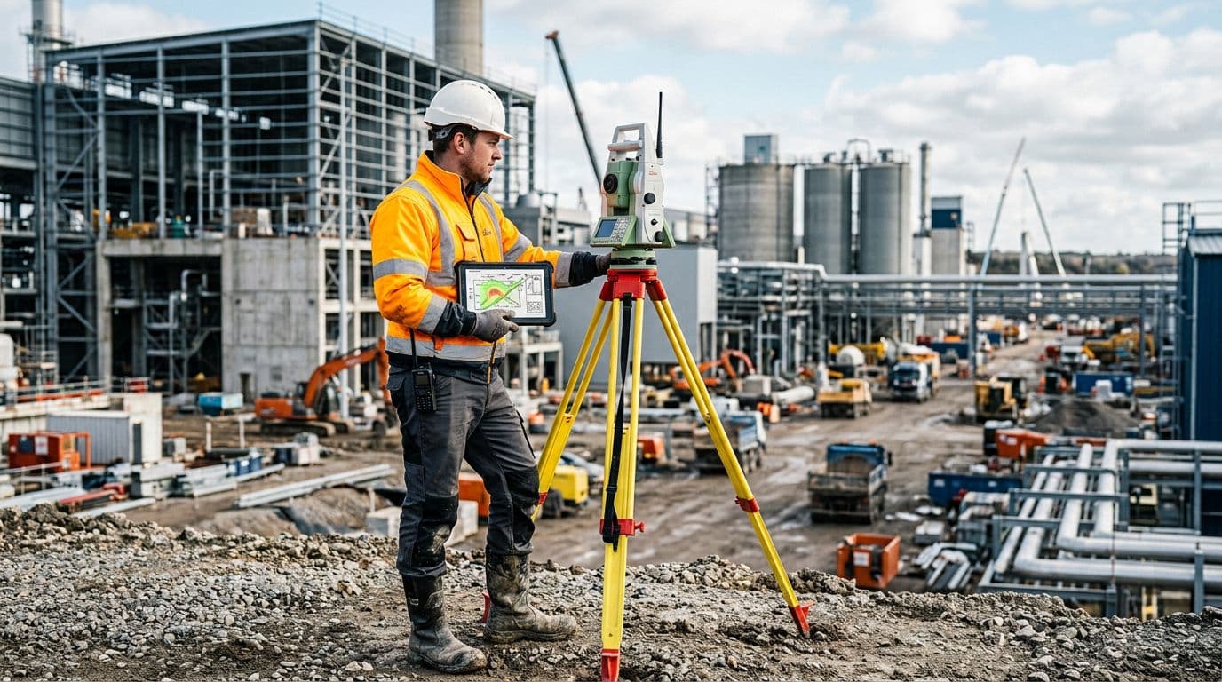 Realistic modern illustration of a single technician performing a topographic survey on an industrial construction site, with handheld radio on belt, measuring with equipment, wide view including buildings and obstacles, and a sketched radio coverage map on a tablet; daylight, professional field photo style in gray-blue industrial colors.