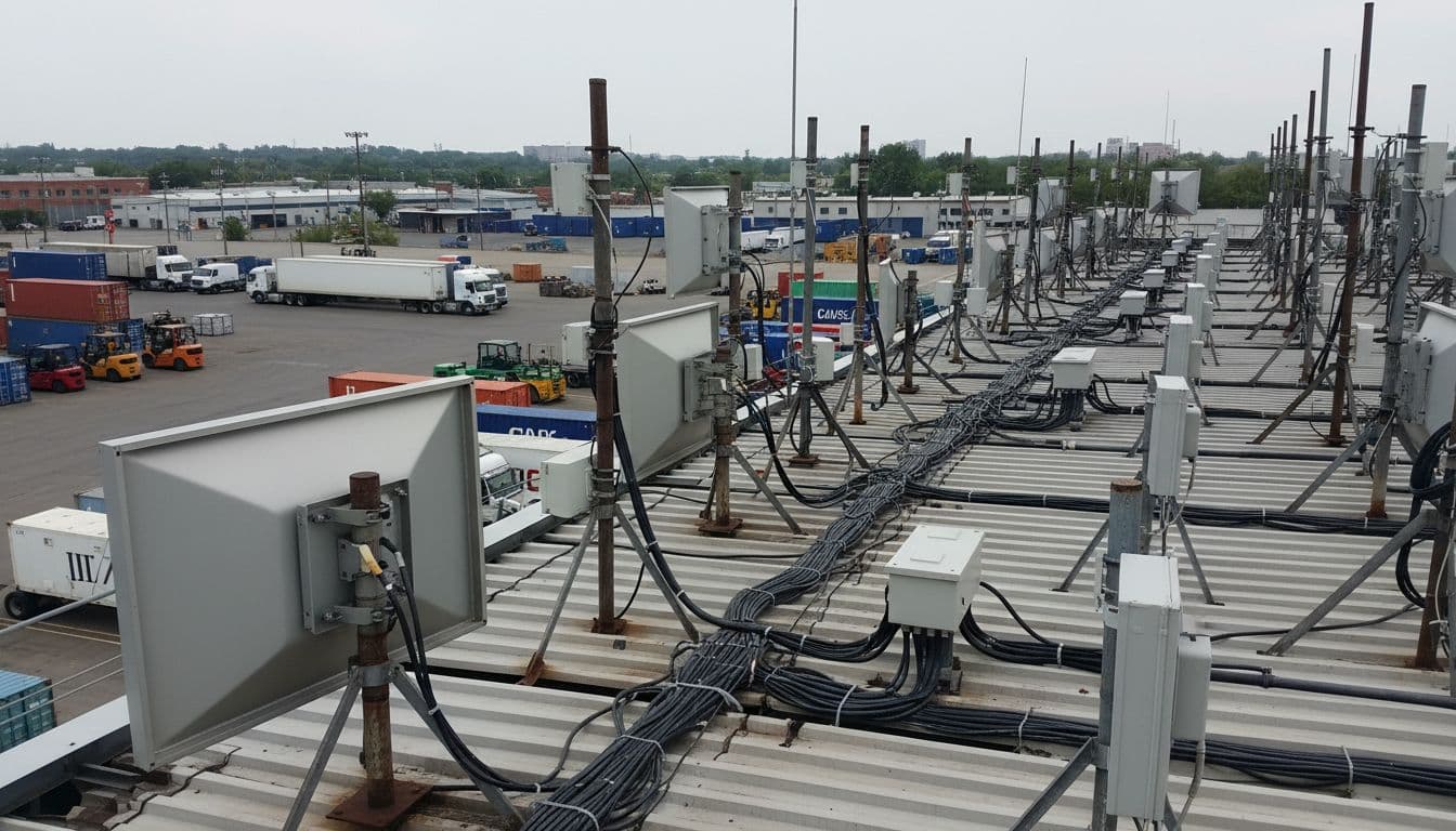 Antennes sur le toit d’un entrepôt industriel