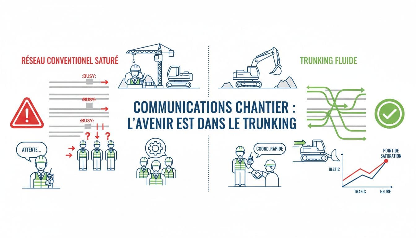 Infographie vectorielle professionnelle montrant la saturation d'un réseau radio conventionnel versus la fluidité du trunking sur un chantier BTP, avec engins, ouvriers et graphique de trafic.