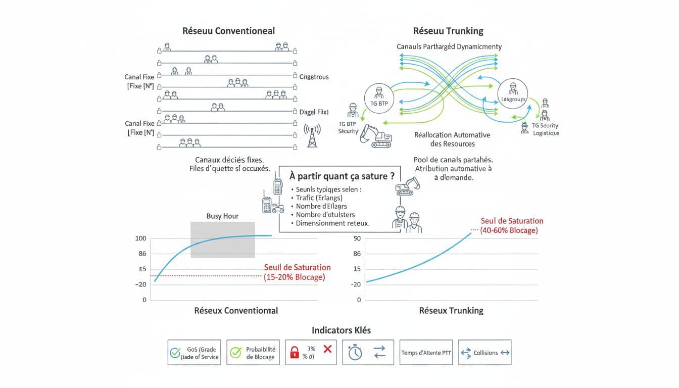 Infographie technique vectorielle en français comparant côte à côte les réseaux radio conventionnels (canaux fixes) et trunking (canaux dynamiques), avec graphiques de taux d’occupation, seuils de saturation et indicateurs clés comme GoS et probabilité de blocage.