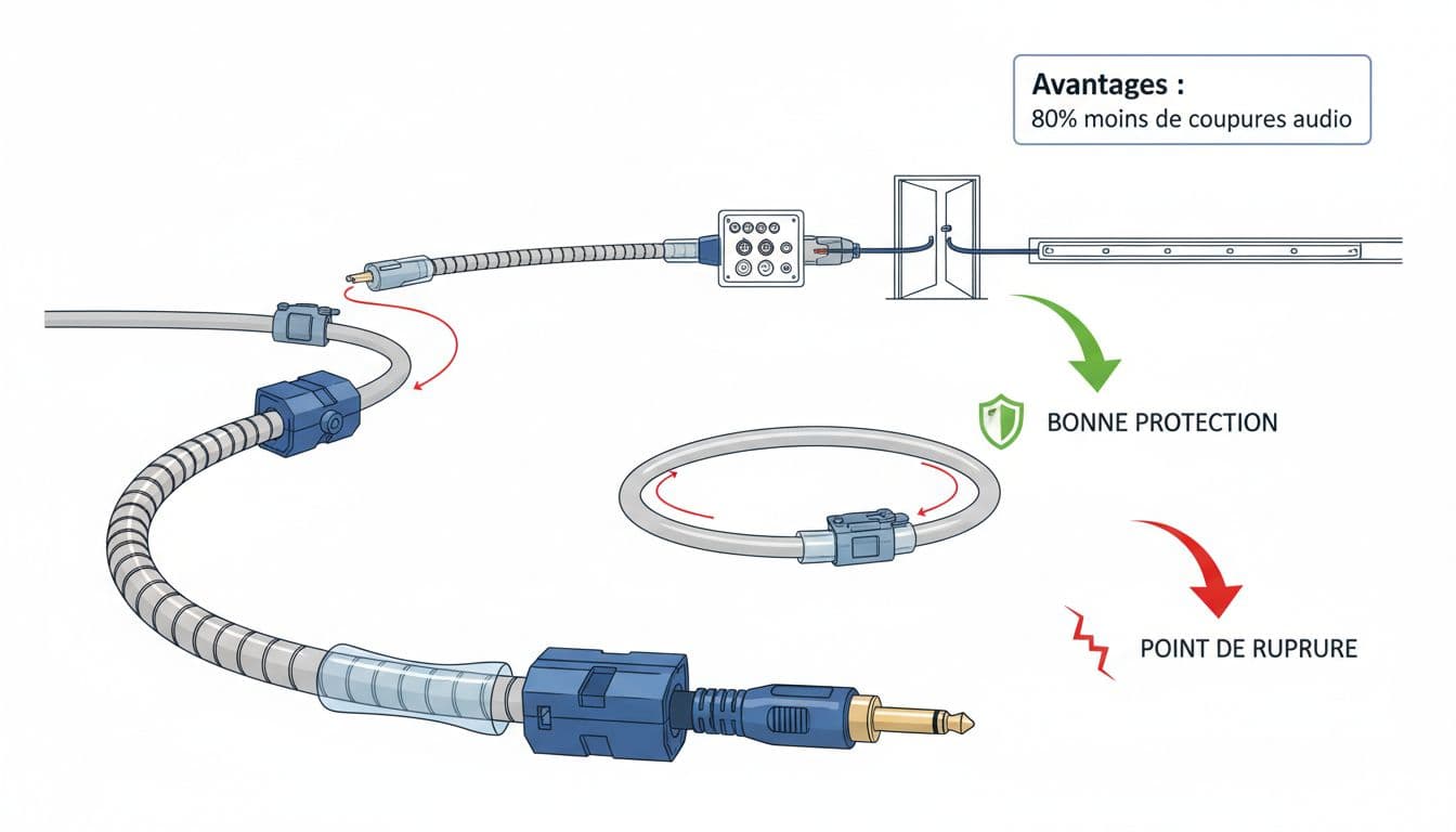 Infographie claire illustrant les techniques de protection des câbles audio XLR ou jack avec gaines spirales, clips, boucles de service et protections contre l'humidité, comparant bonnes pratiques et zones à risque.