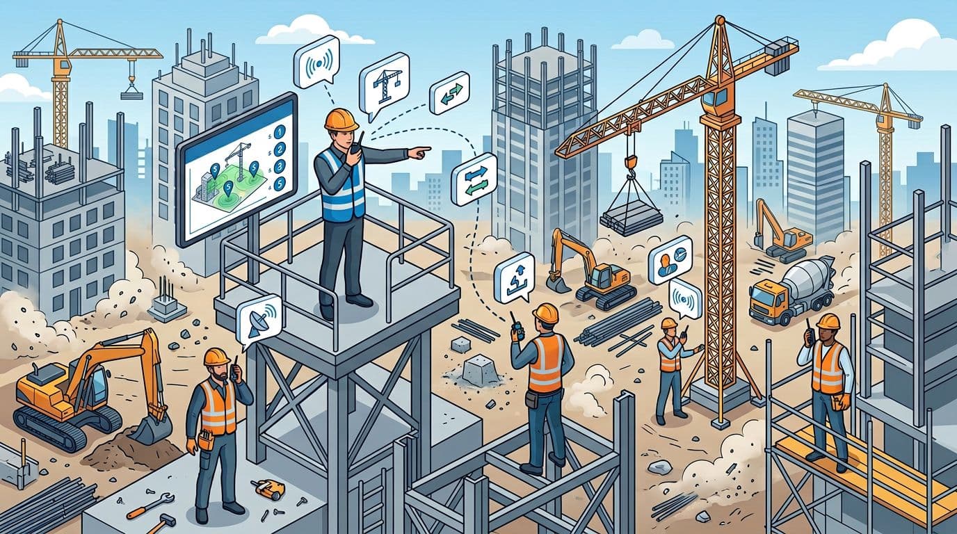 Isometric illustration in corporate tech style depicting a realistic construction site scene with 4-5 workers and a foreman communicating via portable radios amid cranes, machinery, dust, and noise. Coordination flows are visualized through speech bubbles and a radio coverage map in a clean blue-gray vector palette, landscape composition.