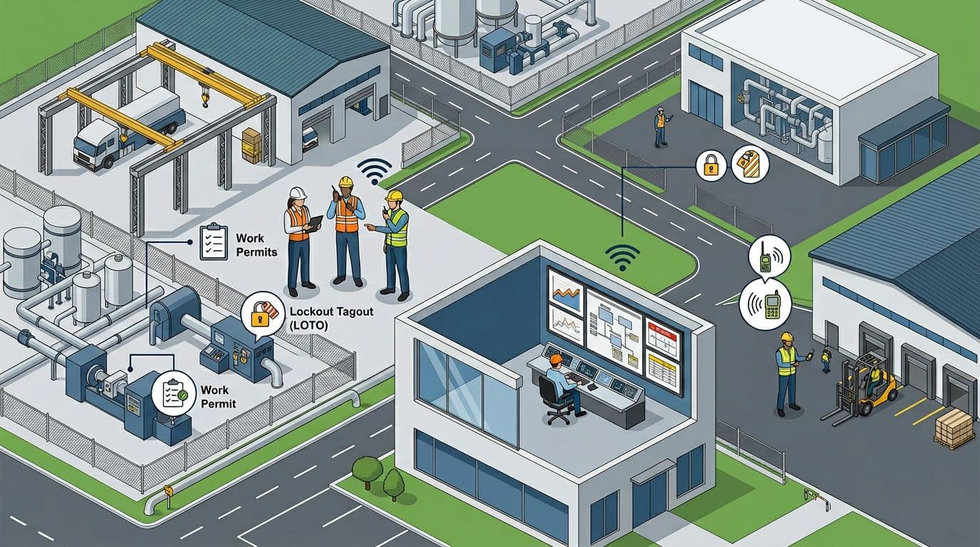 Realistic modern isometric illustration of an extended industrial site with workshops, warehouses, control rooms, internal roads, secure zones, and 4-6 teams in PPE coordinating via tablets, radios, and flow pictograms for communication, work permits, and LOTO.