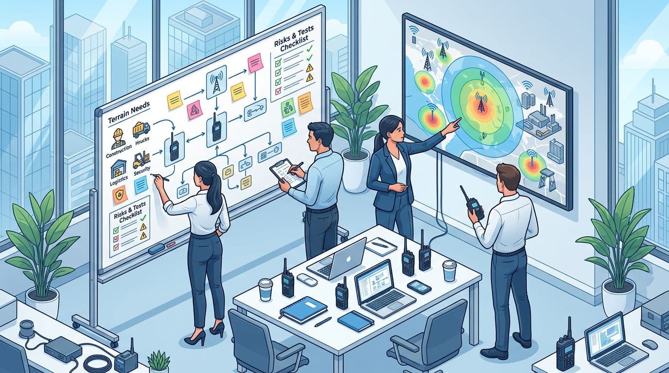 Modern isometric illustration in corporate tech style depicting a 3-4 person multidisciplinary team in a bright office defining use scenarios for professional radios before deployment, featuring whiteboard flow diagrams, post-its for BTP and logistics needs, radio icons, risk checklists, and coverage map screen.