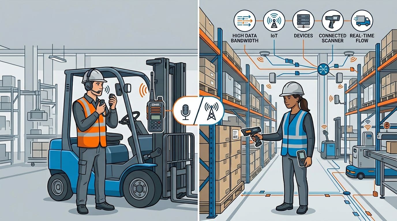 Modern B2B illustration of a logistics factory comparing push-to-talk voice reliability on forklifts with DMR radios (left) against data bandwidth from IoT sensors and private cellular small cells in a warehouse (right), using gray-blue-orange safety colors, thin vectors, and precise icons.