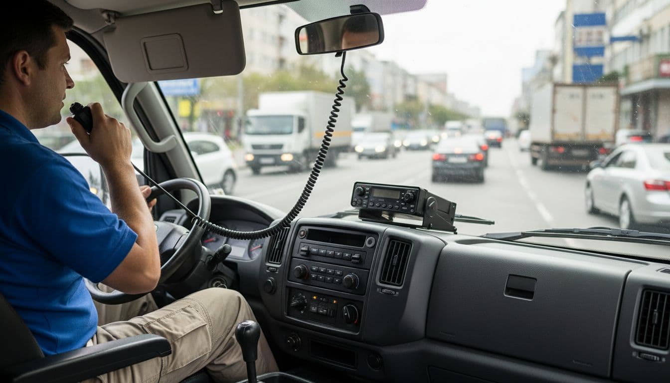 Interior of a logistics utility vehicle featuring a dashboard with installed mobile radio, driver in work attire speaking into the microphone, busy road visible through the window, dynamic work atmosphere in photo reportage style with mixed lighting.