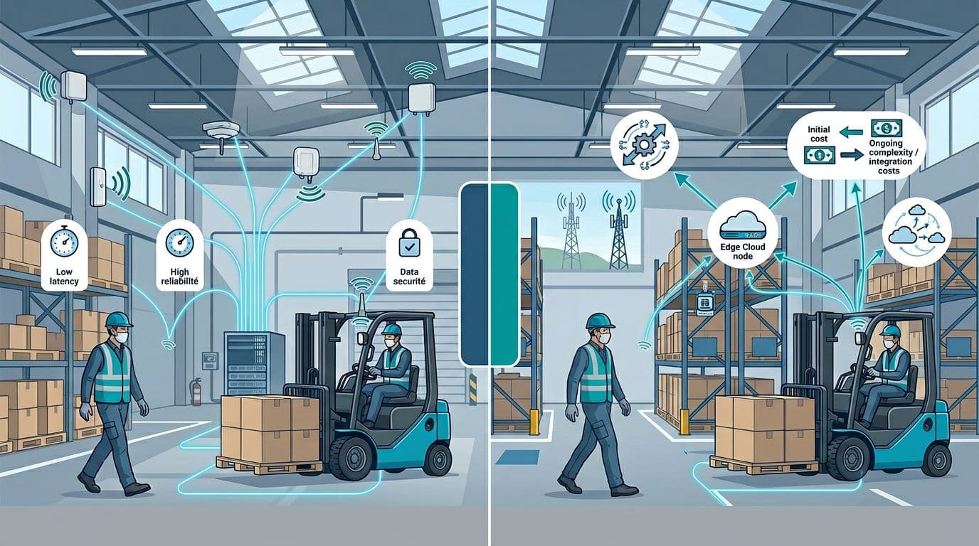 Landscape vector infographic in corporate blue-gray tech style showing split warehouse: left dedicated radio network with internal antennas, coordinated forklifts, low latency icons; right hybrid public-private connection, edge cloud, cost-complexity pictograms. Exactly two forklifts, four operators with terminals, natural industrial lighting, no logos or text.