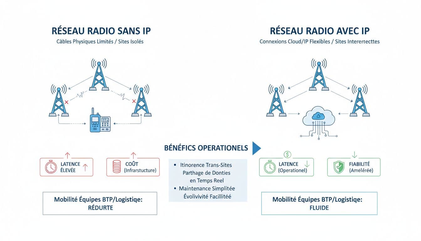 Comparatif visuel réseau radio multisites sans IP vs avec IP, avec pictogrammes latence, coûts et fiabilité