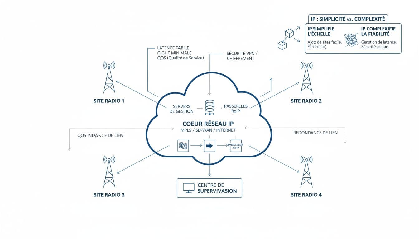 Schéma d'un réseau radio multi-sites interconnecté par IP (RoIP) avec centre de supervision et contraintes QoS