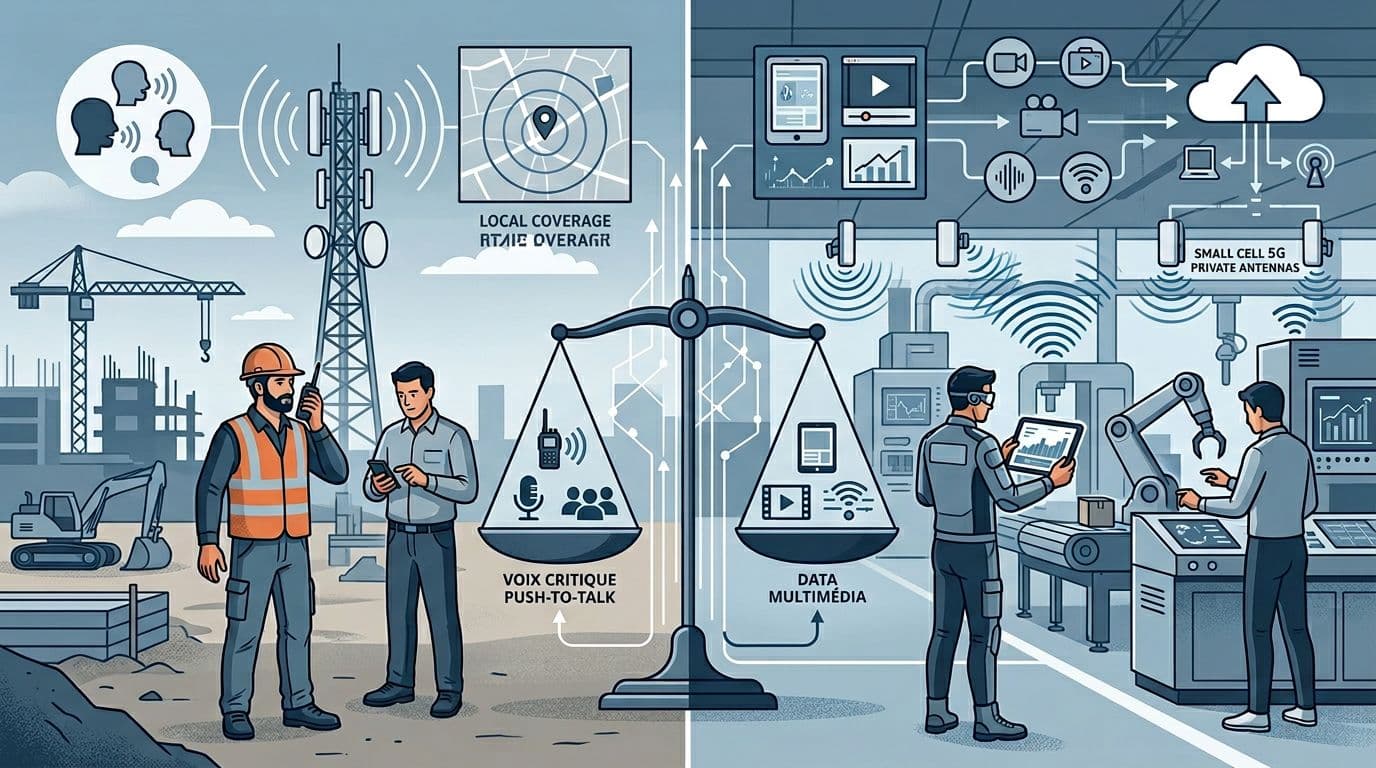 Modern infographic-style editorial illustration in landscape format, split-screen comparing construction worker with PMR/DMR radio near transmitter tower and local coverage to factory team using private 5G small cells, tablets, IoT, and video flows, with central balance of critical voice vs multimedia data.