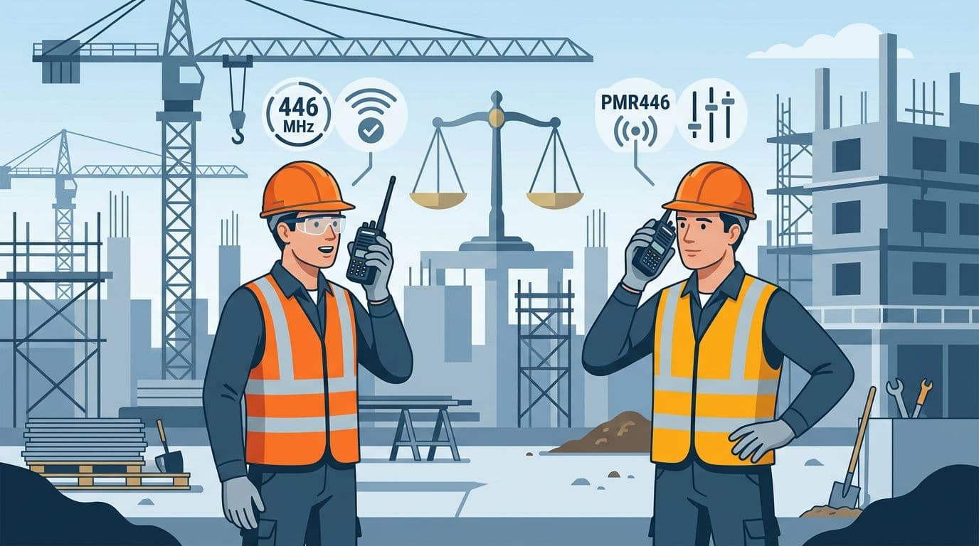 Flat vector design illustration of two workers on a construction site holding PMR446 handheld radios with regulatory-compliant antennas, frequency icons, and scales of justice in the background.