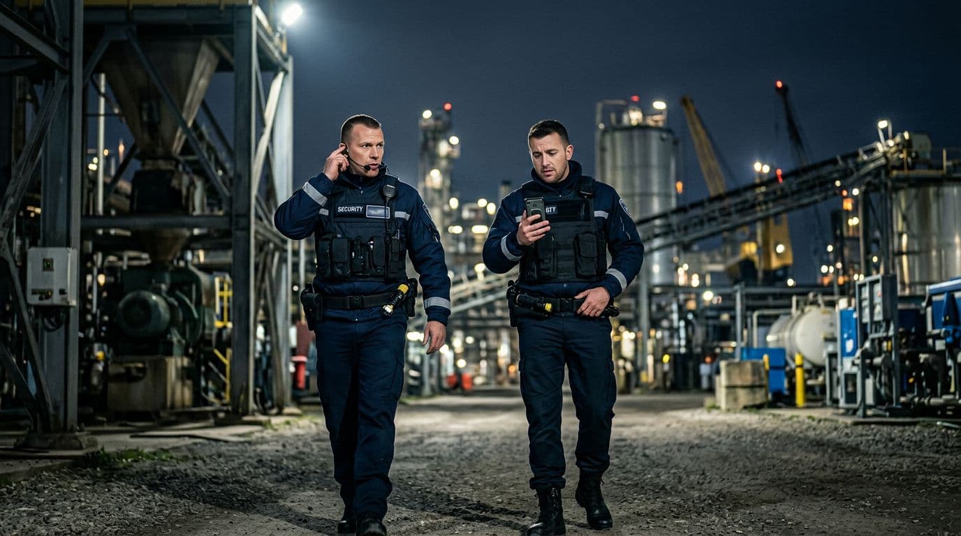Illustration photoréaliste de deux agents de sécurité sur un site industriel de nuit, l'un communique via une radio professionnelle, l'autre hésite avec un smartphone à cause d'un signal faible.