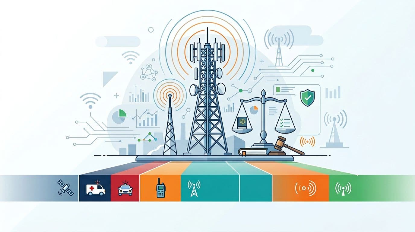 Modern educational illustration of professional radio regulation featuring a stylized frequency spectrum gradient from kHz to GHz with colored bands for PMR, DMR, and emergency services, centered radio antenna and transmitter tower, and scales of justice on a minimalist light background in flat vector design.