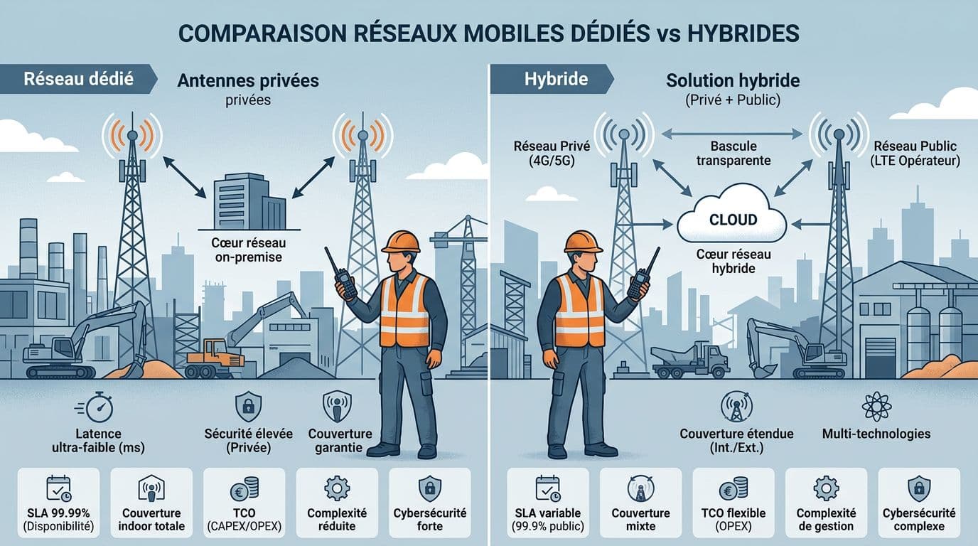 Infographie corporate/tech en format paysage 16:9, split-screen comparant un réseau radio dédié (antennes privées, on-premise, site industriel BTP) à une solution hybride (réseau privé-public LTE, cloud), avec encarts sur SLA 99.99%, couverture indoor, TCO, complexité et cybersécurité.