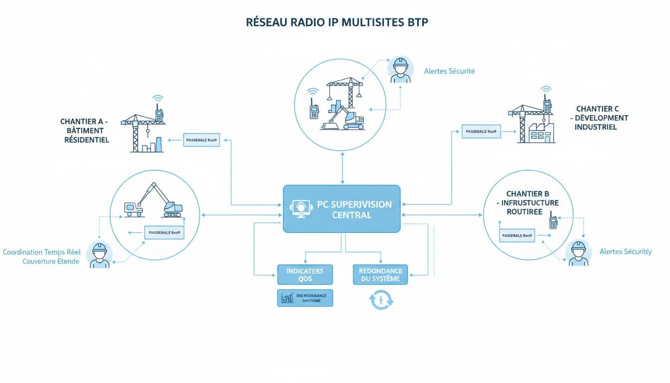 Schéma d'un réseau radio multisites IP sur plusieurs chantiers BTP avec PC de supervision et alertes sécurité