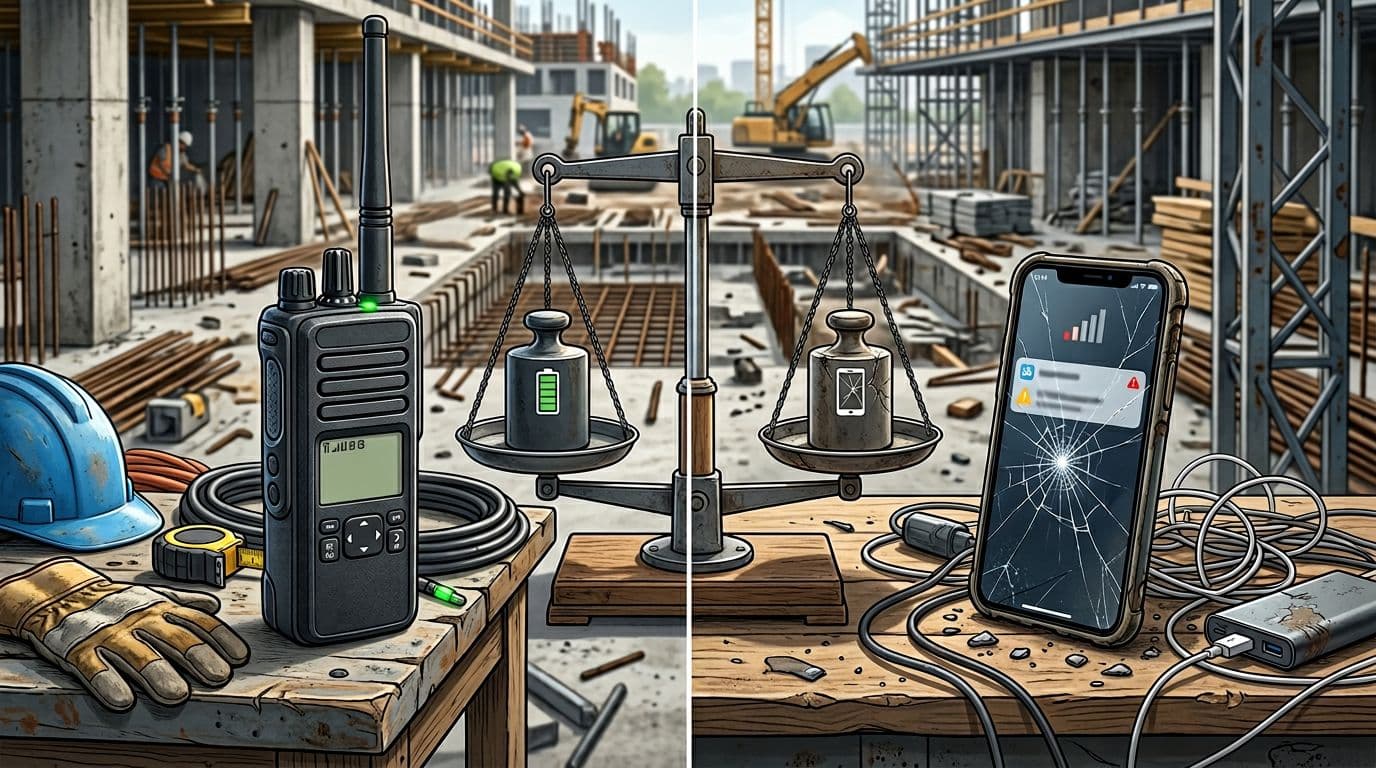 Split-screen editorial illustration contrasting a stable, robust analog PMR radio on a construction site with a fragile LTE/5G smartphone showing network issues, balanced by a stability vs risk scale.