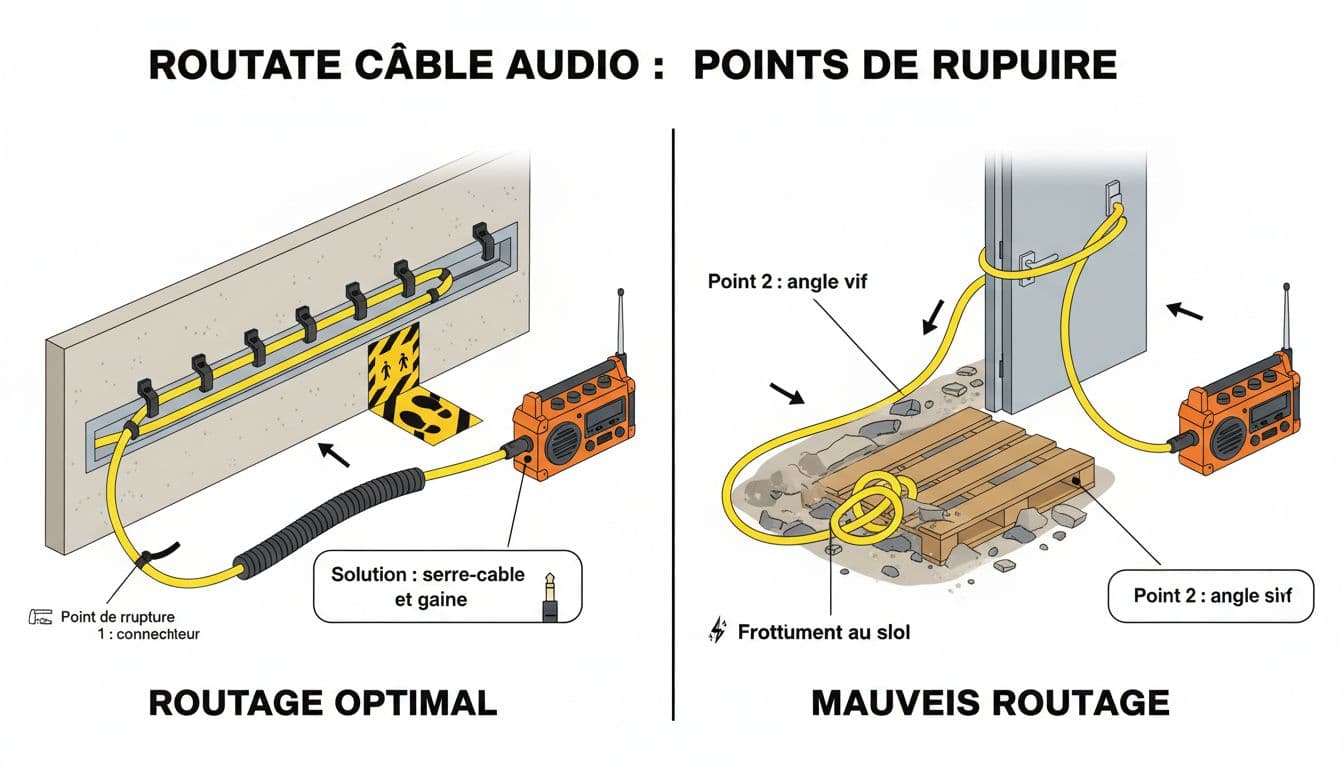 Infographie claire en style vectoriel illustrant le routage optimal d'un câble audio sur chantier BTP, comparé à des pratiques fautives, avec identification des points de rupture et solutions comme serre-câbles et gaines.