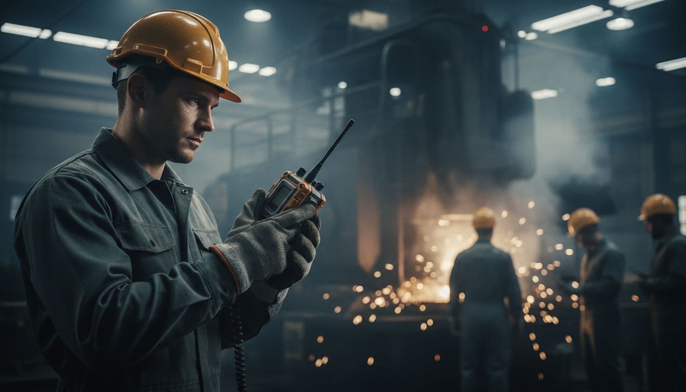 Technicien en usine utilisant une radio robuste