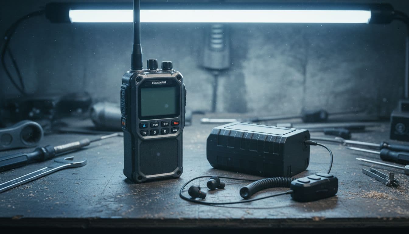 A rugged portable radio terminal sits on an industrial workbench beside a spare battery, earpiece, and remote PTT in a dusty workshop filled with tools under fluorescent lighting.