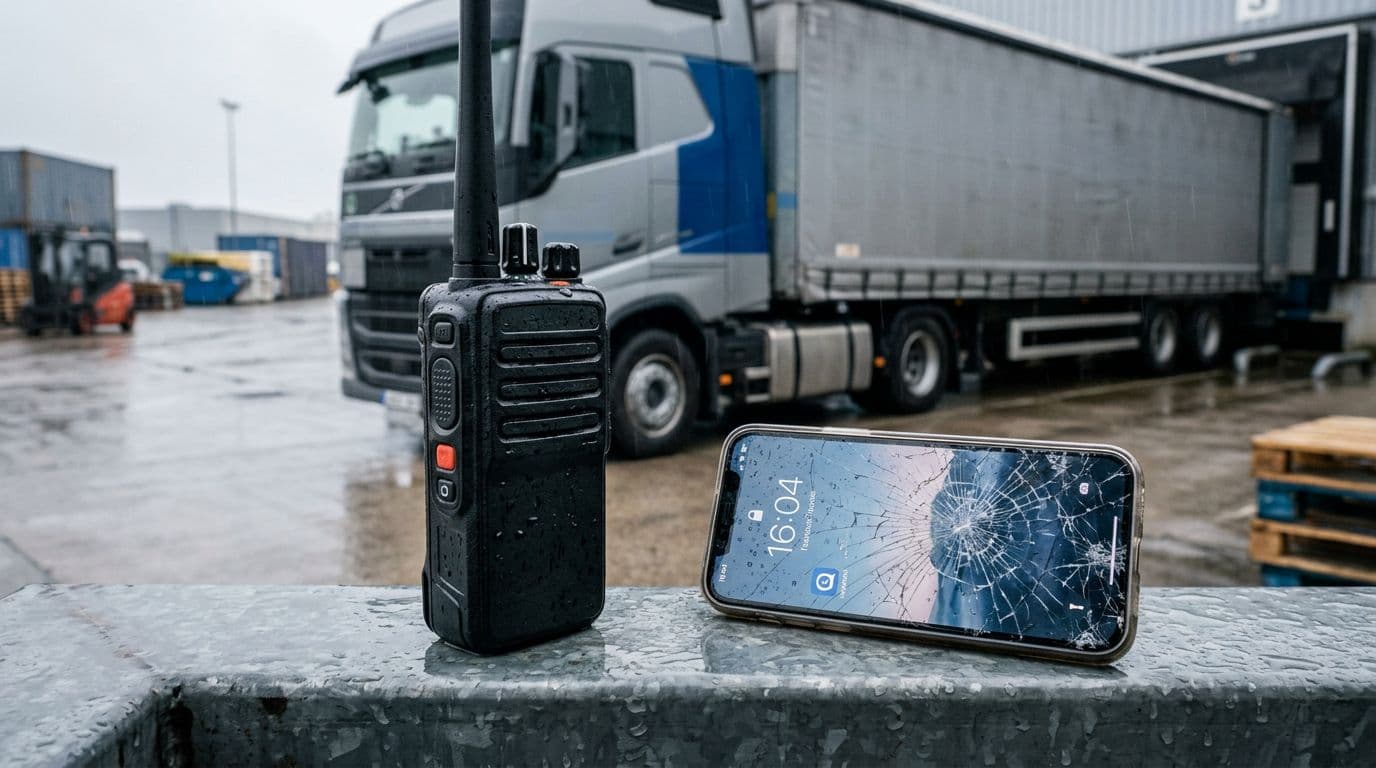 Illustration photoréaliste d'une radio professionnelle robuste sous la pluie à côté d'un smartphone à l'écran fissuré, avec un camion logistique en arrière-plan.