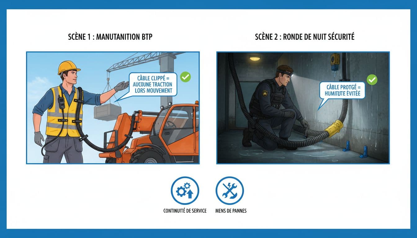Infographie vectorielle didactique illustrant les techniques sécurisées de manutention des câbles audio pour radios professionnelles en BTP, avec une scène diurne d'ouvrier évitant la traction et une scène nocturne de vérification contre l'humidité, plus icônes des bénéfices comme continuité de service et réduction des pannes.