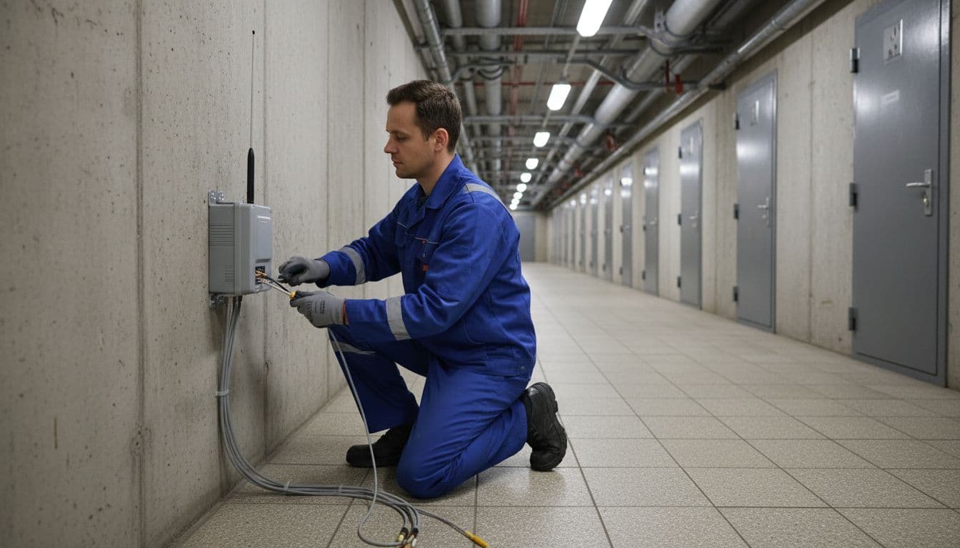 Technicien qui installe un répéteur en galerie technique
