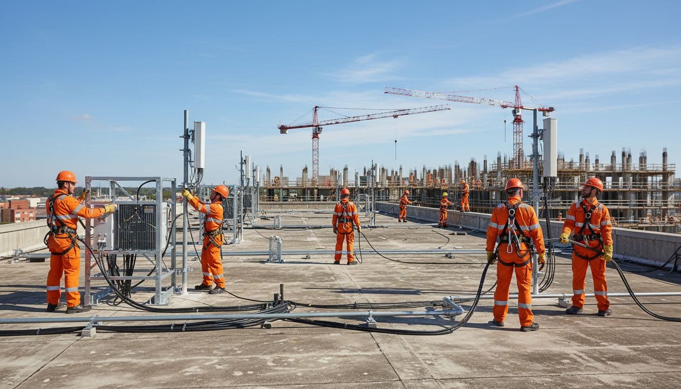 Techniciens installant des antennes radio sur un toit industriel