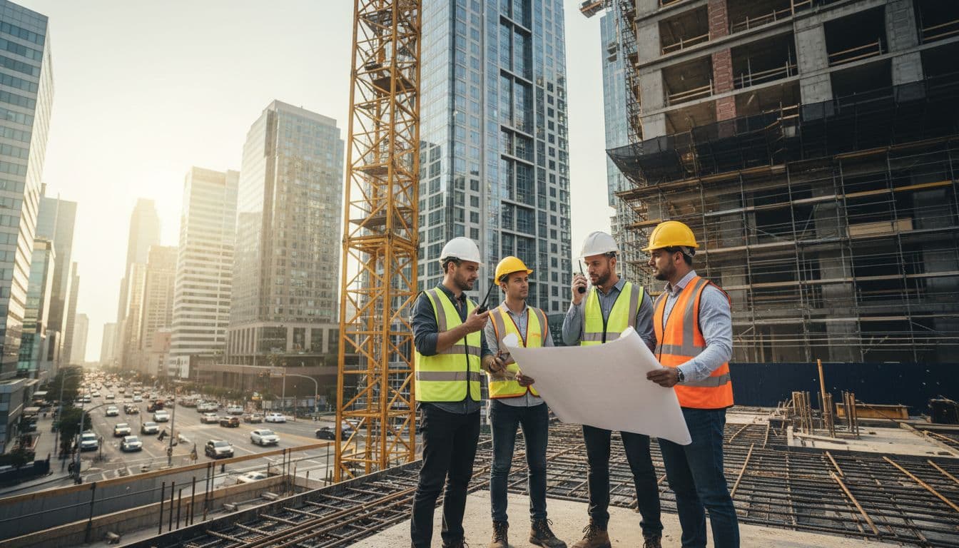 Ouvriers sur un chantier urbain utilisant des talkies-walkies