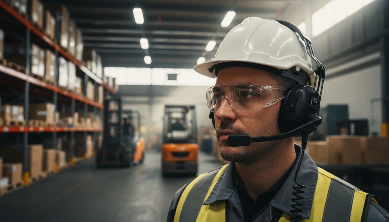 Travailleur en entrepôt avec casque et micro radio
