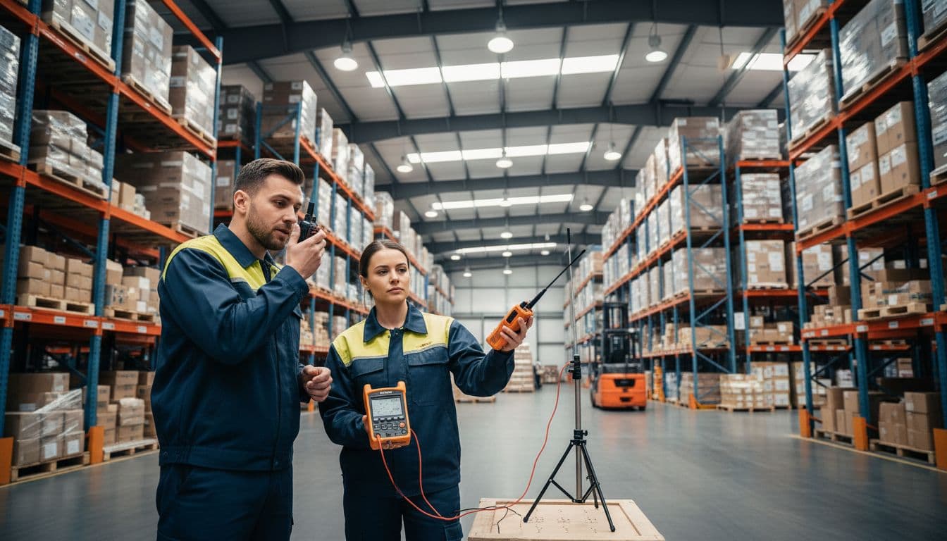 Tests radio dans un entrepôt logistique