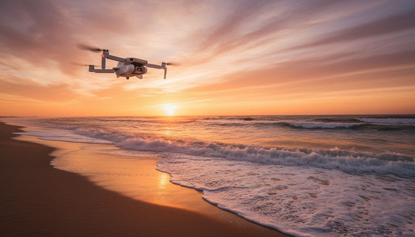 Low altitude aerial shot of a DJI Mini drone flying over a beach at sunset, capturing waves and sky in golden hour warm lighting with photorealistic landscape composition.