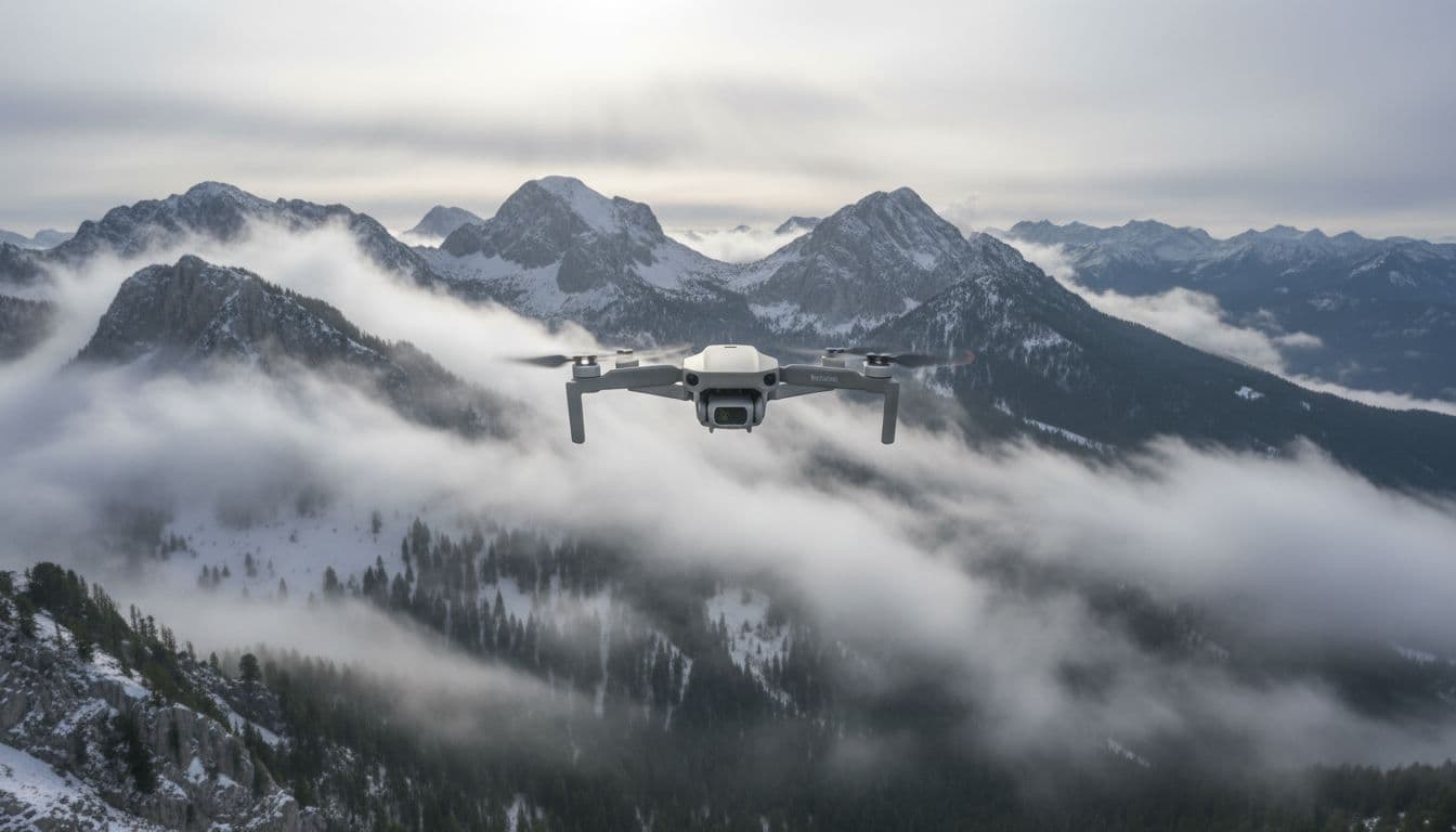 A DJI Mini drone hovers stably in a windy mountain scene with dynamic motion blur on clouds and rugged terrain below, captured in natural daylight with realistic landscape photography composition.