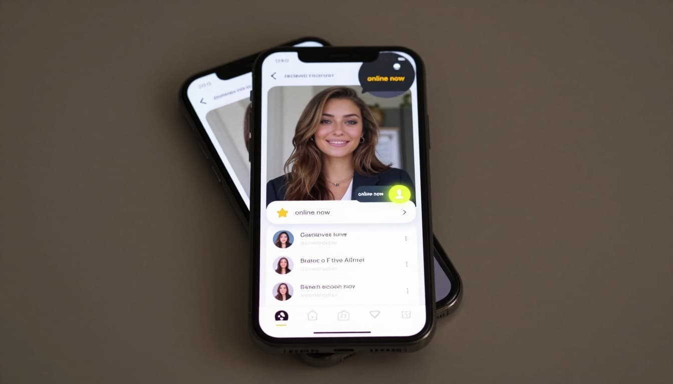 Mobile screen showing an active escort listing with fresh photo upload notification, recent review icon, online now indicator, updated availability calendar, and consistent details, rendered realistically in evening light on a table.