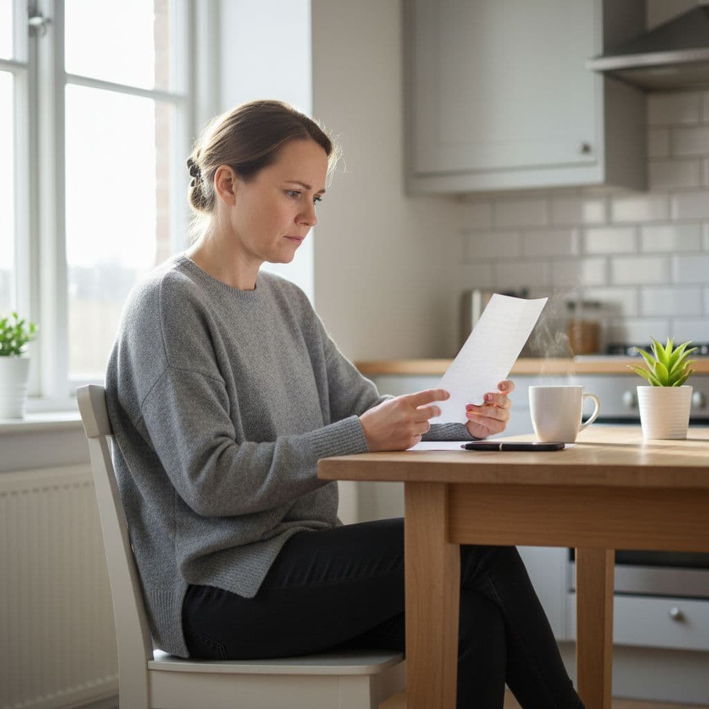 A thoughtful adult sitting at a kitchen table reviews a simple health checklist on paper before booking a massage appointment, in a calm home setting with natural morning light and relaxed posture.