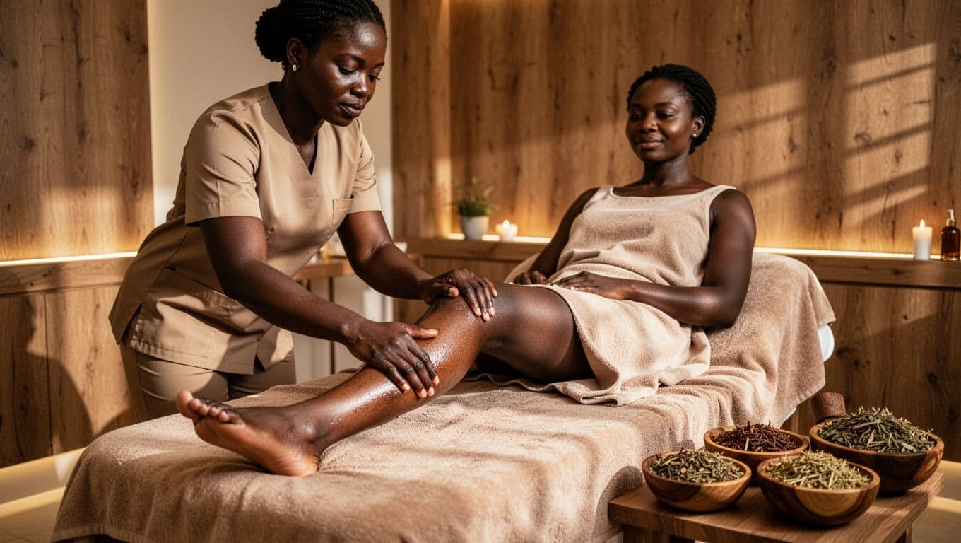 An African female therapist in uniform applies firm gliding strokes to a client's lower leg and calf on a draped massage table in a professional Nairobi spa, enhancing circulation. The relaxed client faces visible amid warm lighting, wooden accents, and Kenyan herbs.