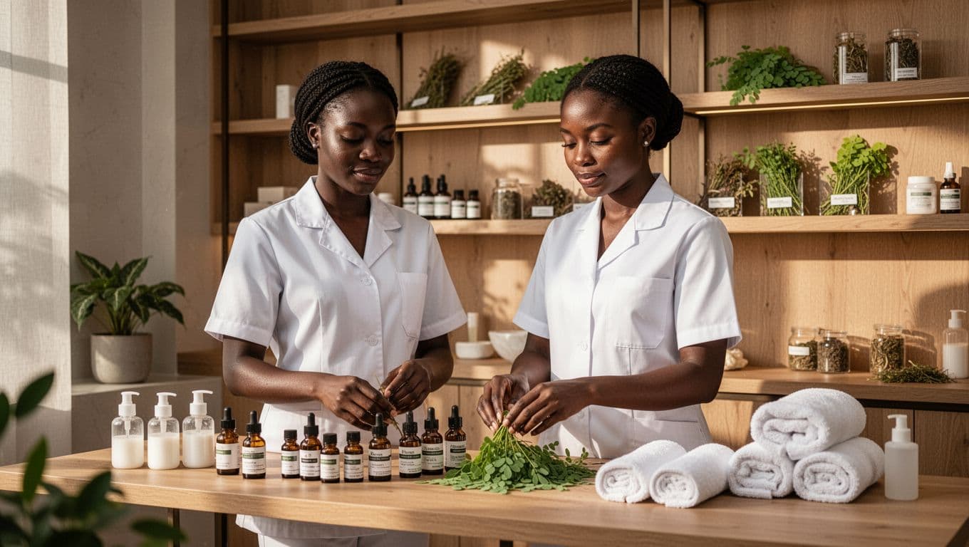 Two professional African therapists in white uniforms prepare essential oils and towels in the clean modern treatment prep area of Nairobi Spa & Massage in Kilimani, surrounded by wooden shelves with Kenyan herbs like moringa under warm lighting.