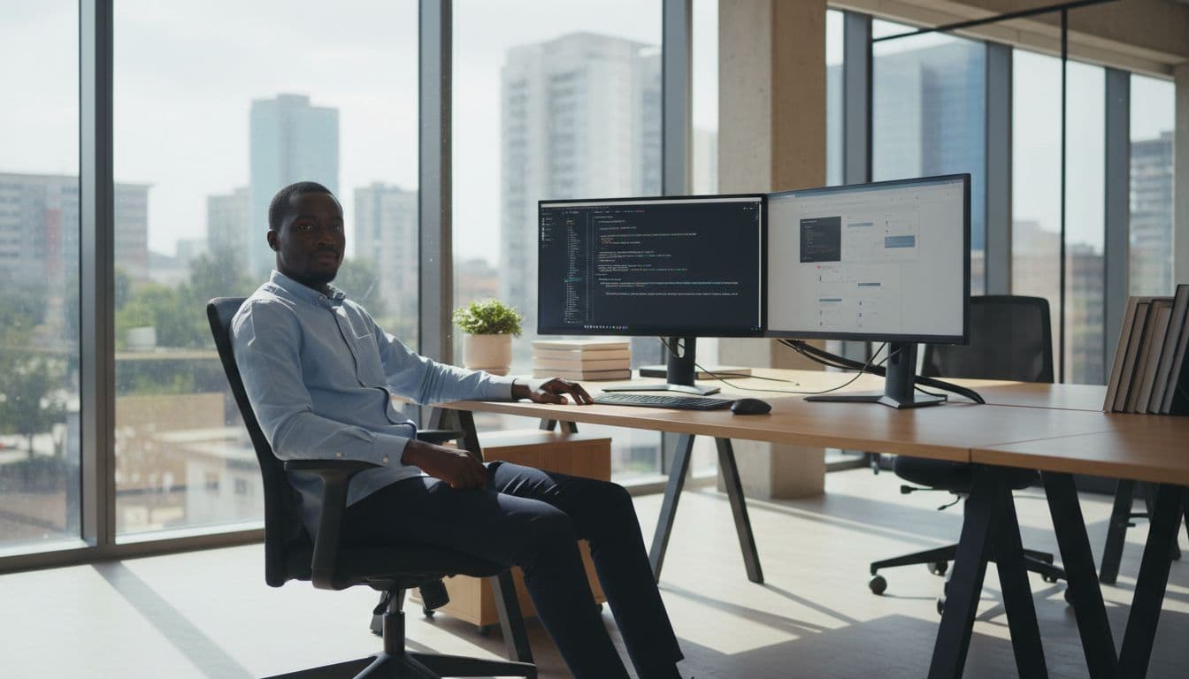 Exactly one African male web developer sits relaxed at a desk in a modern Nairobi office, with dual monitors angled to show code editors and website wireframes, bathed in natural daylight from large windows.