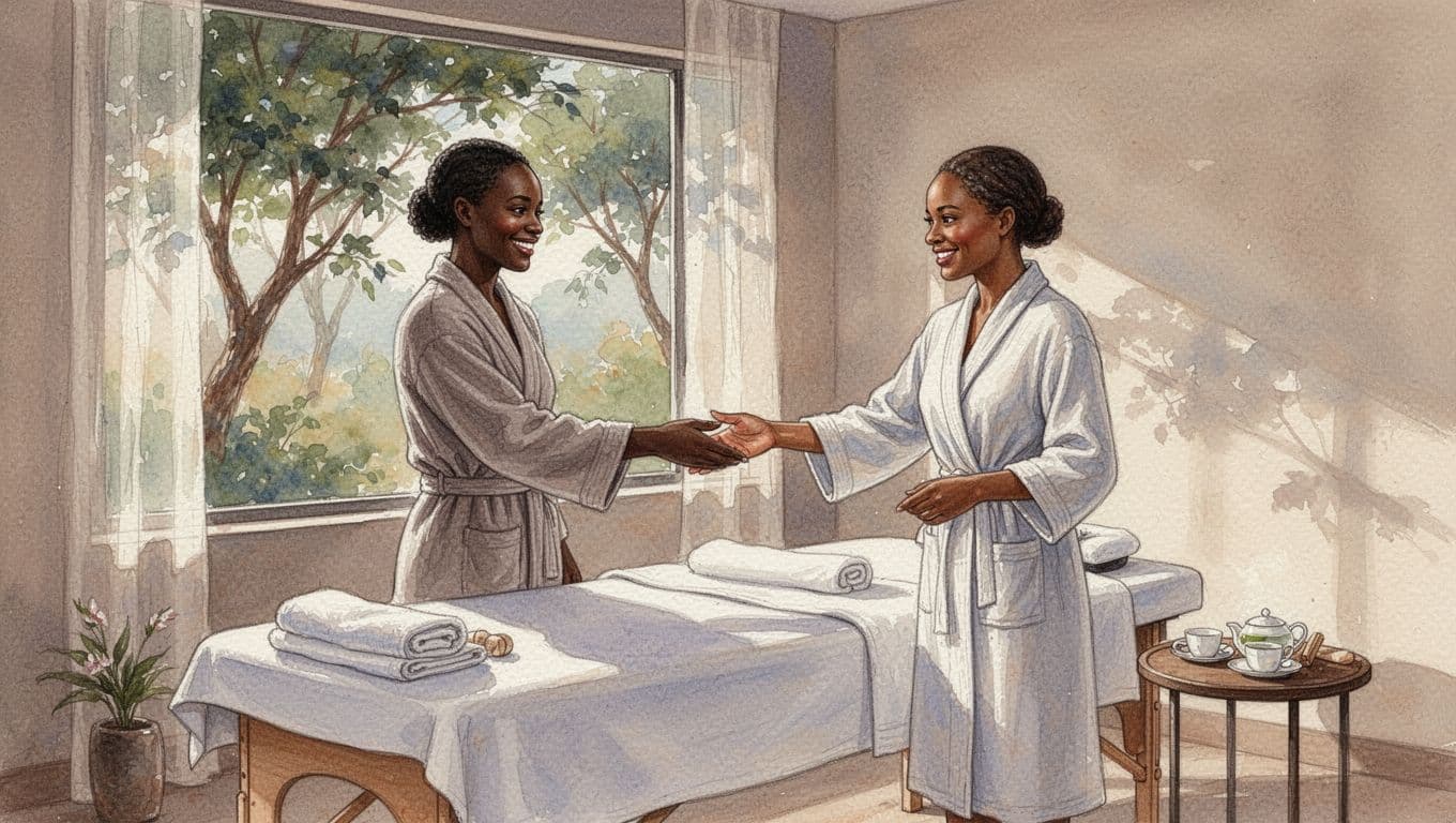 Serene Nairobi spa room interior at Afya Maisonettes Kilimani with relaxed client in robe entering, therapist smiling in greeting, prepared massage table, post-massage tea set, and soft lighting through window overlooking Kindaruma Road trees, in watercolor style.