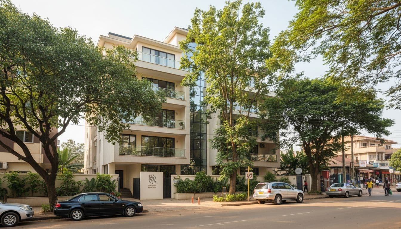 Street view of modern Afya Maisonettes residential building on Kindaruma Road in Kilimani Nairobi Kenya, showing spa entrance with green trees, parked cars, neighborhood vibe, sunny daytime weather.