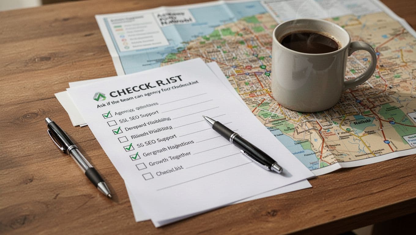 Checklist document on a wooden desk with pen, coffee mug, and blurred Nairobi city map in the background, soft focus on checklist in realistic flat lay photography with natural daylight.