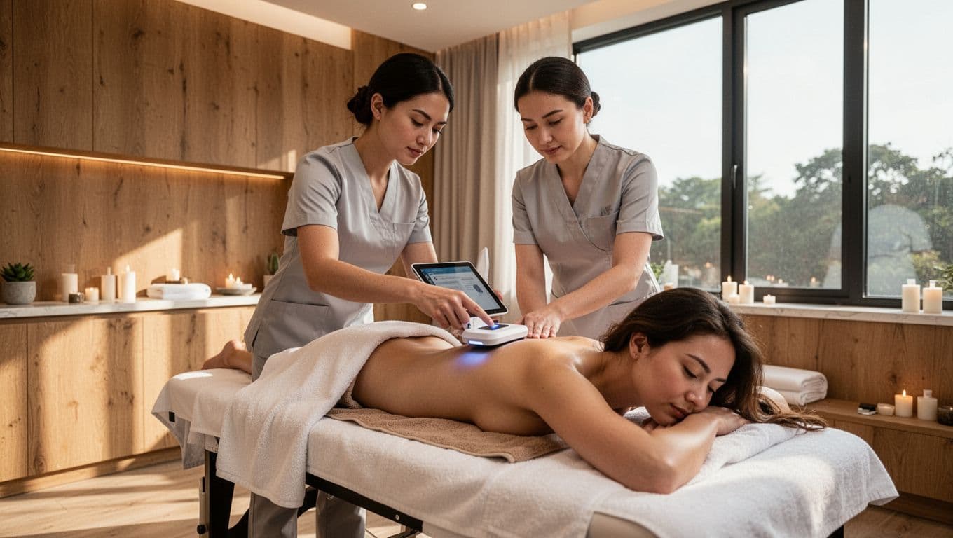 Bold editorial image showing a massage therapist using a tablet to scan a client's back on a massage table in a modern Nairobi spa with natural light and wooden accents, topped with 'AI Mapping' headline in muted dark-green band.