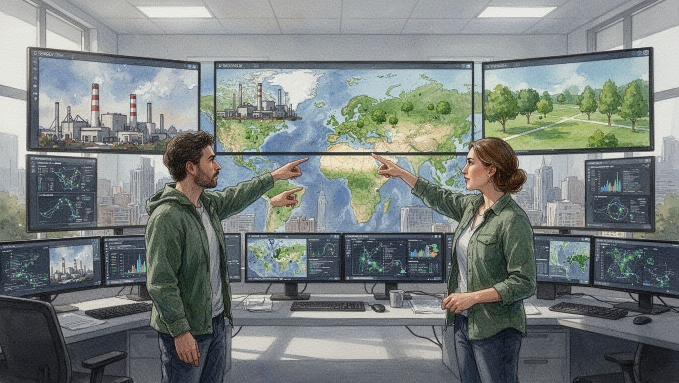 Two environmental scientists in a modern control room point relaxed hands at large screens displaying AI pollution tracking maps of a cityscape transitioning from factories to green parks, in watercolor style with soft blending.
