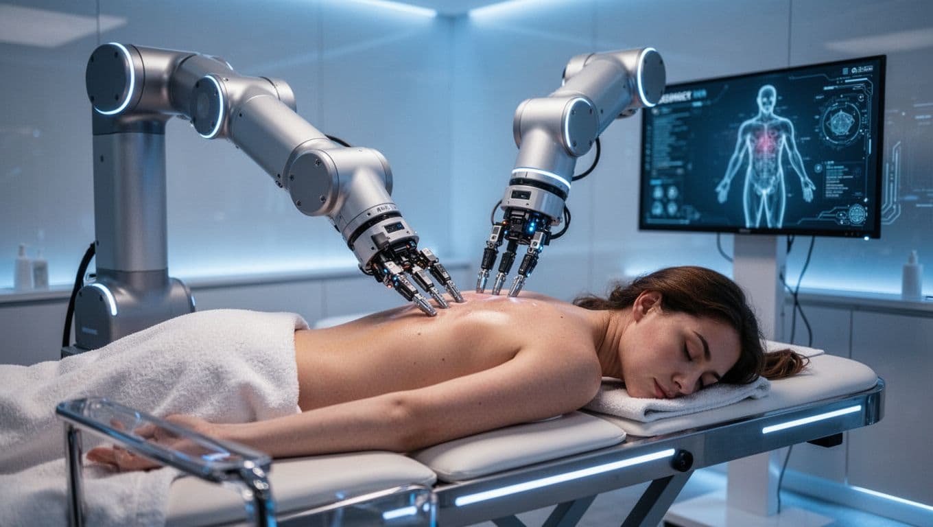 Modern spa room with a single client face down on a massage table receiving precise pressure from one robotic arm with haptic sensors, AI screen showing body scan nearby.