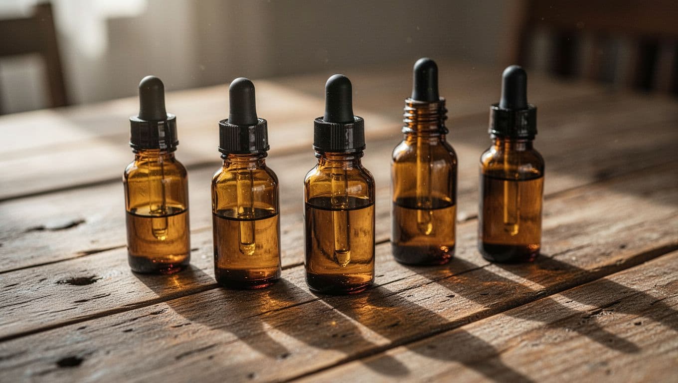 Several dark amber glass bottles containing essential oils sit grouped on a textured rustic wooden surface. Soft morning light illuminates the containers, highlighting their labels and creating a peaceful aesthetic.